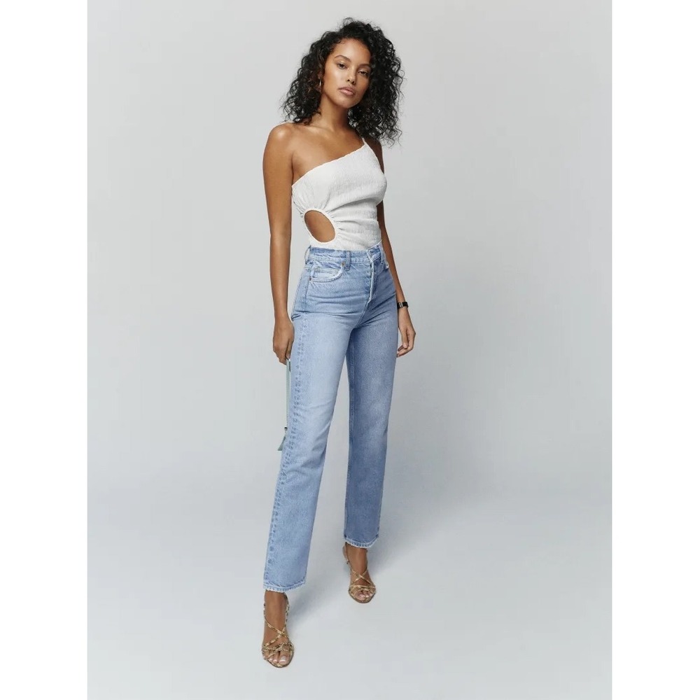 NWT Reformation Cynthia Two Tone High Rise Straight Jeans Blue 25 Stretch‎ Denim